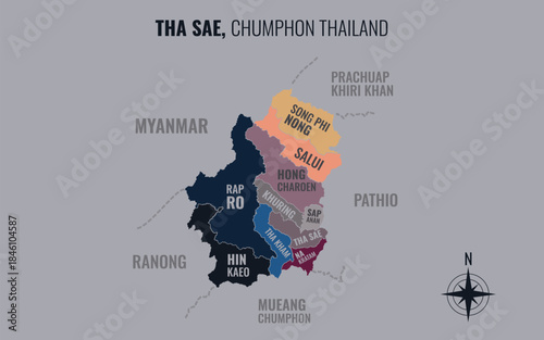 Map showing Tha Sae District Chumphon Thailand divided into sub-districts with minimalist colorful patterns