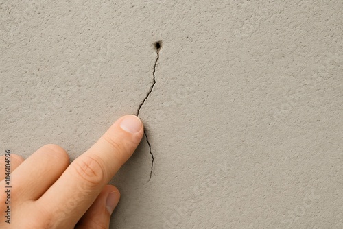 Person pointing at small crack on beige wall surface close up