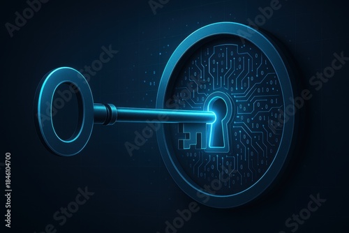 Digital key unlocking cybersecurity lock with circuit board background
