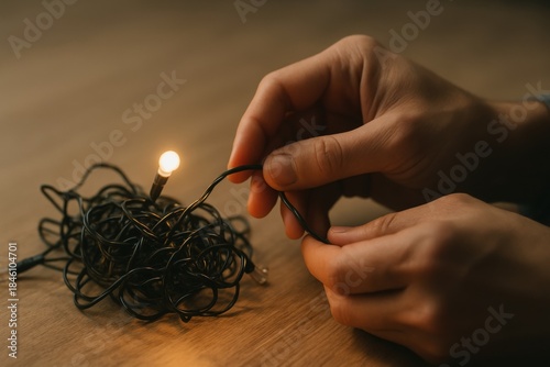 Person untangling string lights on wooden surface with one bulb lit