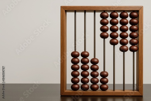Wooden abacus counting tool on table with neutral background