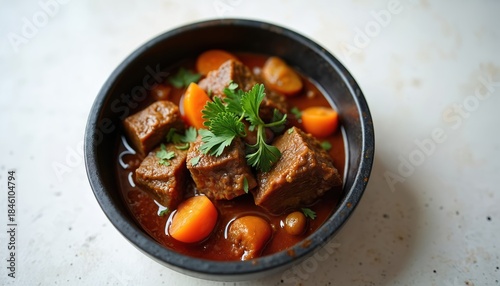 Hearty curry goat stew in dark bowl with carrots and parsley. Tender meat chunks simmer in rich sauce. Savory meal prepared for delightful dinner.