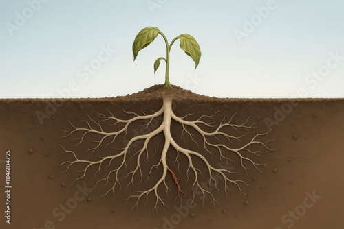 Young plant growing with extensive root system in soil for growth concept