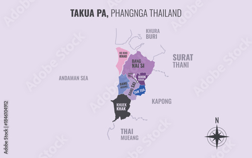 Map showing Takua Pa District Phangnga Thailand divided into sub-districts with minimalist colorful patterns