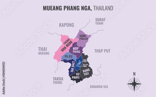 Map showing Mueang Phang Nga District Phangnga Thailand divided into sub-districts with minimalist colorful patterns