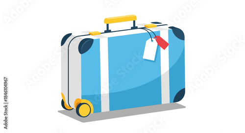 Stylish blue suitcase with wheels and tags for travel or business trips