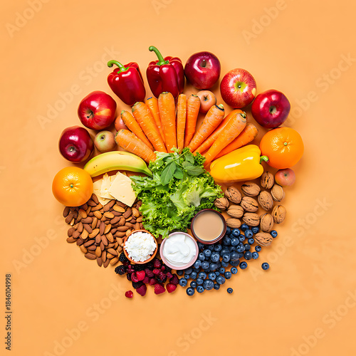 Fresh fruits and vegetables with nuts and dairy products on orange background