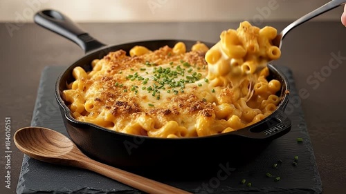 Creamy Macaroni and Cheese in Cast Iron Skillet Topped with Herbs on Dark Slate Board with Wooden Spoon Side View