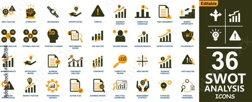 SWOT Analysis Business Strategy Icon Set with Strength Weakness Opportunity Threat Symbols, Growth Charts, Planning Tools and Corporate Marketing Infographic Elements Vector