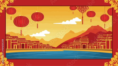 Traditional Chinese Lanterns Decorate a Scenic Riverside Village with Mountain Backdrop