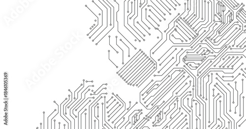 Cyberpunk black circuit diagram on white background. High-tech circuit board connection system.