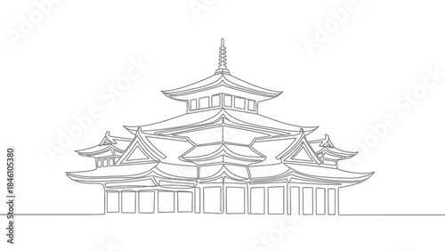 Traditional Japanese Pagoda Outline Illustration with Multiple Roof Layers and Architectural Details