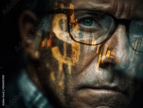 A cinematic double exposure portrait of a male investor wearing glasses, overlaid with fluctuating financial charts, gold bars, and US dollar symbols. The image expresses economic pressure, investment