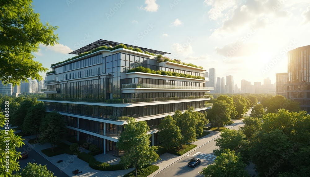 Obraz premium Modern office building with solar panels on roof and green terraces. Cityscape with trees and tall buildings. Sustainable architecture, clean energy concept.
