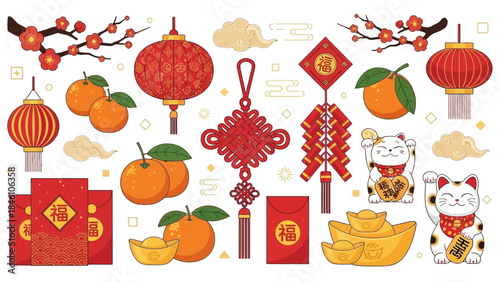 Vibrant Chinese New Year Celebration Illustration Featuring Lucky Cats and Traditional Decorations
