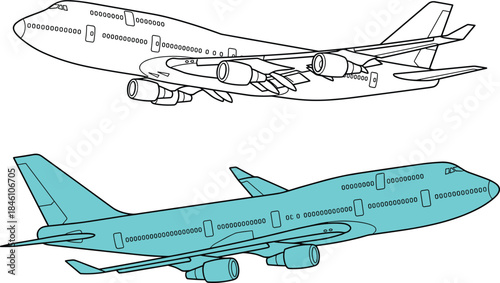 Airplane illustration, passenger jet aircraft design, outline and colored version, commercial aviation concept, air transport, travel technology, isolated white background