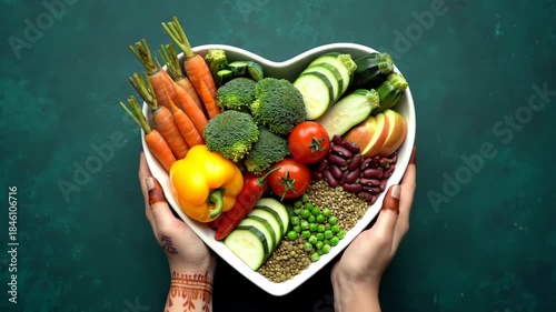 Overhead shot of heart bowl filled with carrots, tomatoes, cucumbers, beans, peas, peppers, broccoli. Balanced nutritious healthy food on dark green backdrop.