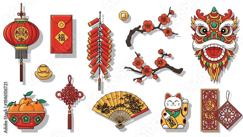 Vibrant Chinese New Year Decorations Including Lanterns Fans and a Lucky Cat