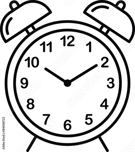 Alarm clock illustration, classic analog timepiece icon, black white line art design, wake up reminder concept, isolated background, vector graphic