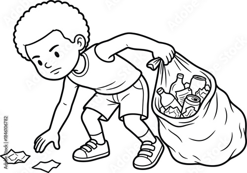 Boy collecting trash illustration, child cleaning environment, recycling awareness concept, cartoon line art drawing, eco friendly activity, isolated white background