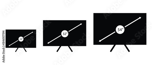  smart tv screen sizes icon. tv screen 24, 32, 54 inches collection. diagonal screen sizes in 24, 32 and 54 inches. smart television. computer monitor. vector illustration
