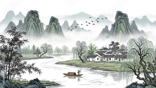 A serene landscape with a river flowing through a village surrounded by mountains trees and a boat