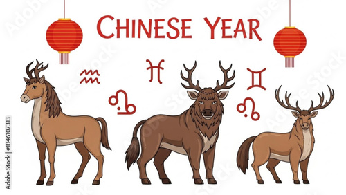 Chinese year symbol with deer and zodiac signs and red lanterns on white