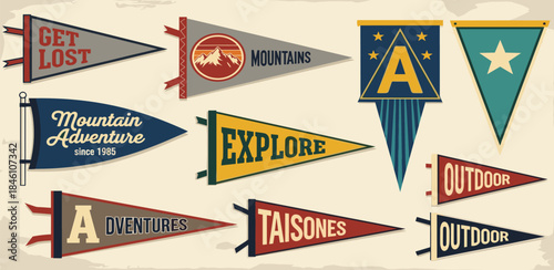 Set of pennants and banners with travel and adventure themes, featuring mountains, exploration, and outdoor activities
