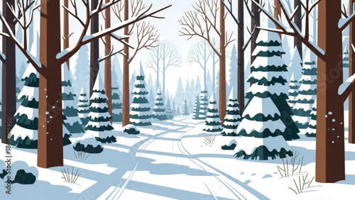 Snowy forest landscape with tall trees and snow covered ground in winter