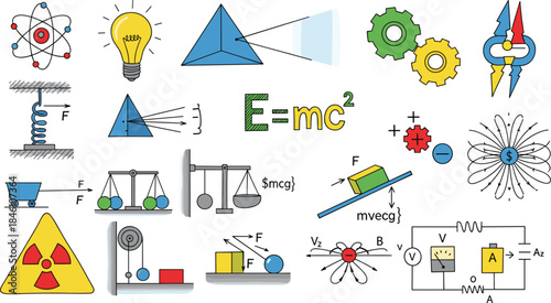 A collection of science and physics symbols, including atomic structure, light dispersion, gear mechanisms, energy equations, and electrical circuits