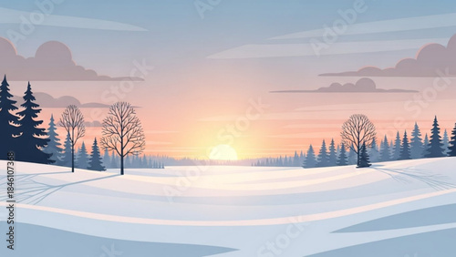 Snowy landscape with bare trees and evergreens at sunset, serene winter scene with rolling hills and cloudy sky