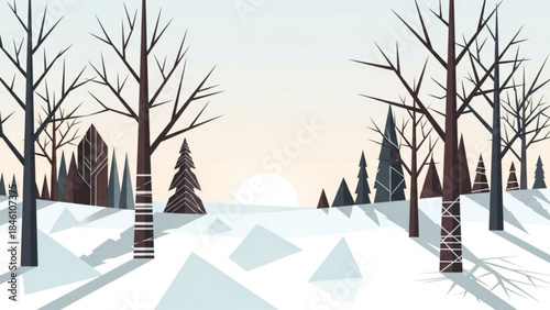 Winter landscape with bare trees and snow covered ground at sunrise or sunset with conical evergreen trees