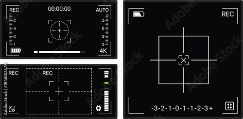 Camera viewfinder displays with recording indicators, focus reticles, and digital readouts