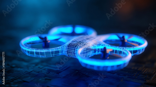 A futuristic drone with a glowing blue wireframe design hovers over a dark, circuit-board-like surface, blending technology and digital innovation in a sleek concept