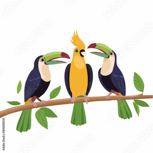 Three colorful tropical birds, two toucans and a yellow cockatoo, perched on a tree branch with green leaves.