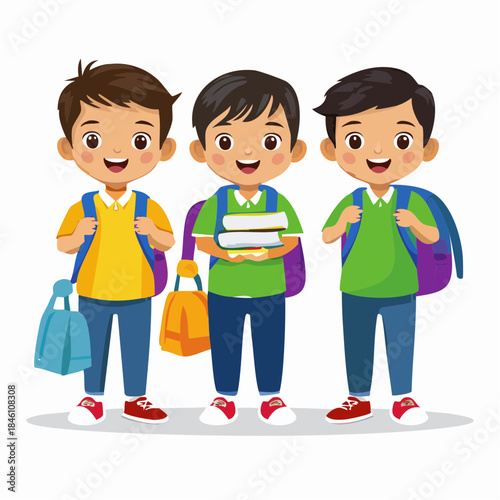 Three young boys with backpacks and books, ready for school, smiling cheerfully.