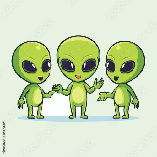 Three cute cartoon green aliens with big eyes interacting and waving in a friendly manner.