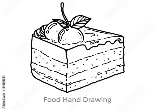 Sweet Slice: A meticulously hand-drawn illustration showcases a delectable slice of cake, crowned with cherries and delicate foliage, embodying the essence of indulgence and artistry.