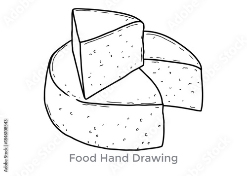 Cheese Hand Drawn: A hand-drawn illustration showcases a delectable cheese wheel, with a slice removed, emphasizing the textures and forms in a simple monochrome palette.