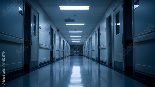 A long, dimly lit hospital corridor with doors on either side and fluorescent lights overhead.