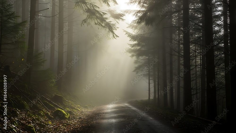 Naklejka premium Misty Forest Road Bathed in Golden Sunlight.
