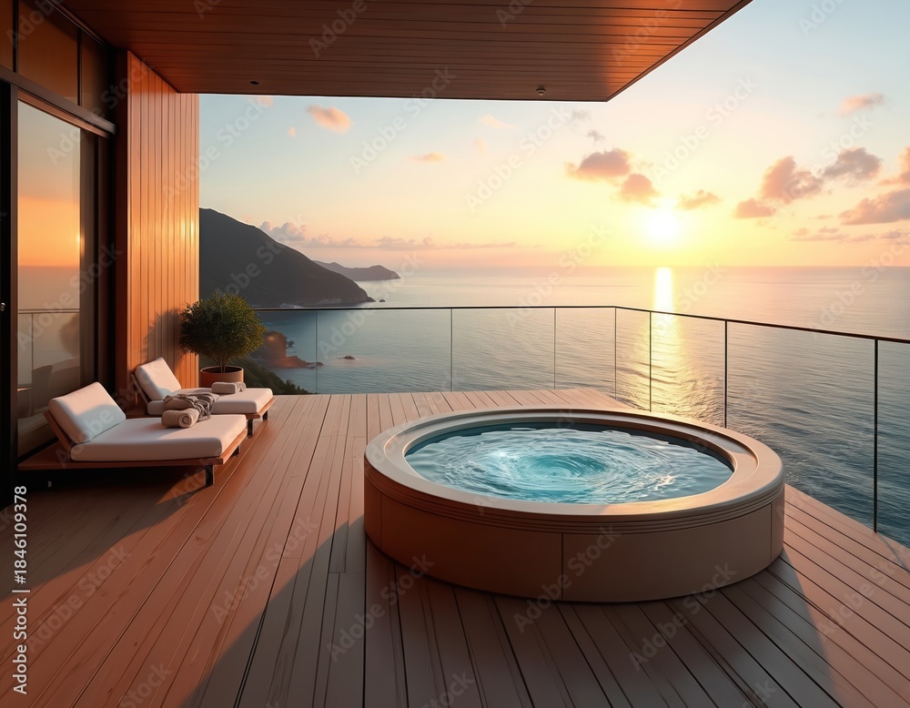 Obraz premium Luxury jacuzzi on wooden deck with sea view at sunset. Two lounge chairs sit ready for relaxation. Water swirls in hot tub, creating calm ambience. Ocean horizon glows with warm light. Serene escape.