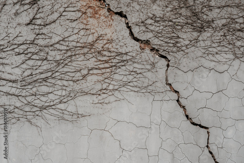 Cracked grey concrete wall texture covered with dried leafless creeper plant vines and roots.