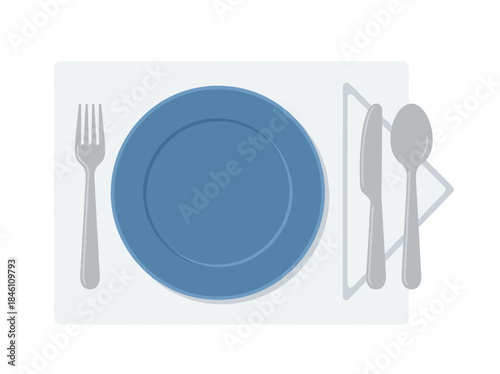 Blue Plate with Silverware Utensils Setting.