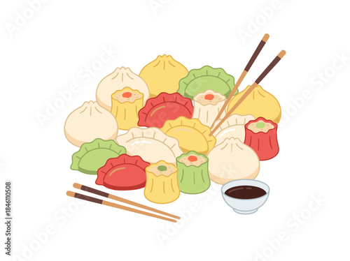 Colorful Sushi Rolls with Soy Sauce and Chopsticks.