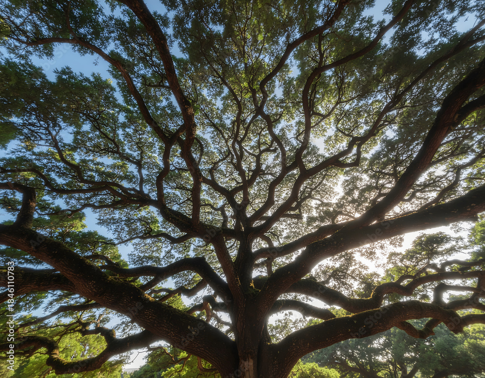 Fototapeta premium Low-angle shot of a large tree with sprawling branches and green leaves against a blue sky with sunlight filtering through.