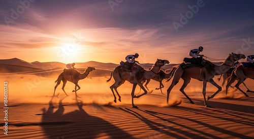 Desert Camel Caravan at Sunset - A Majestic Journey.