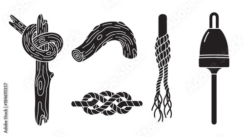  Decorative nautical driftwood and rope knot silhouettes featuring ocean buoys and knotted timber sticks for maritime decor seafaring hobbyist illustrations and coastal adventure themed graphics.