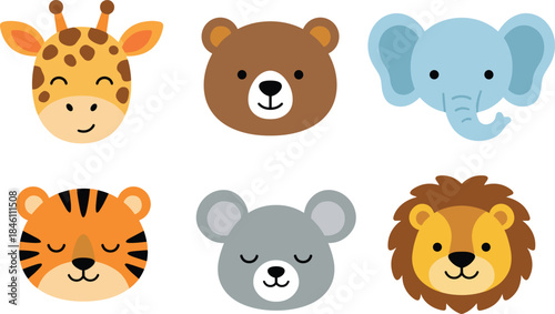 Cartoon animal face icons, cute zoo characters set, giraffe bear elephant tiger koala lion, kids illustration, isolated white background, vector