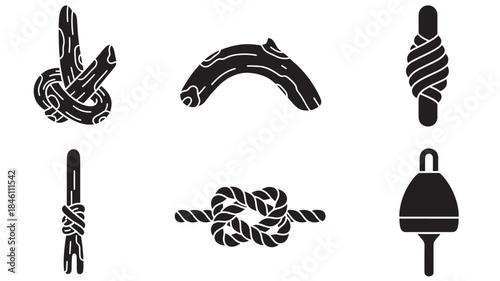  Nautical driftwood pieces and seafaring rope knots silhouettes featuring marine buoys and weathered timber branches for beach house decor illustrations and maritime navigation theme design concepts.